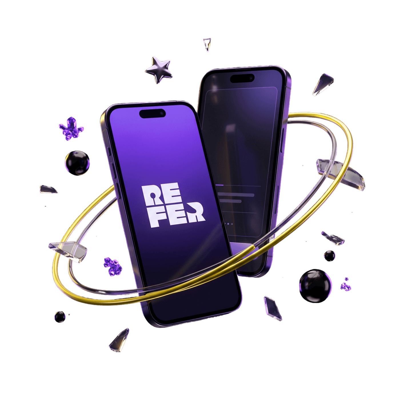 Dos teléfonos con la app de Refer rodeados de elementos 3D