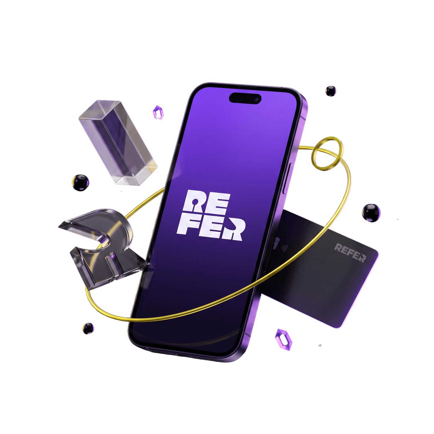 La app de Refer rodeada de elementos 3D